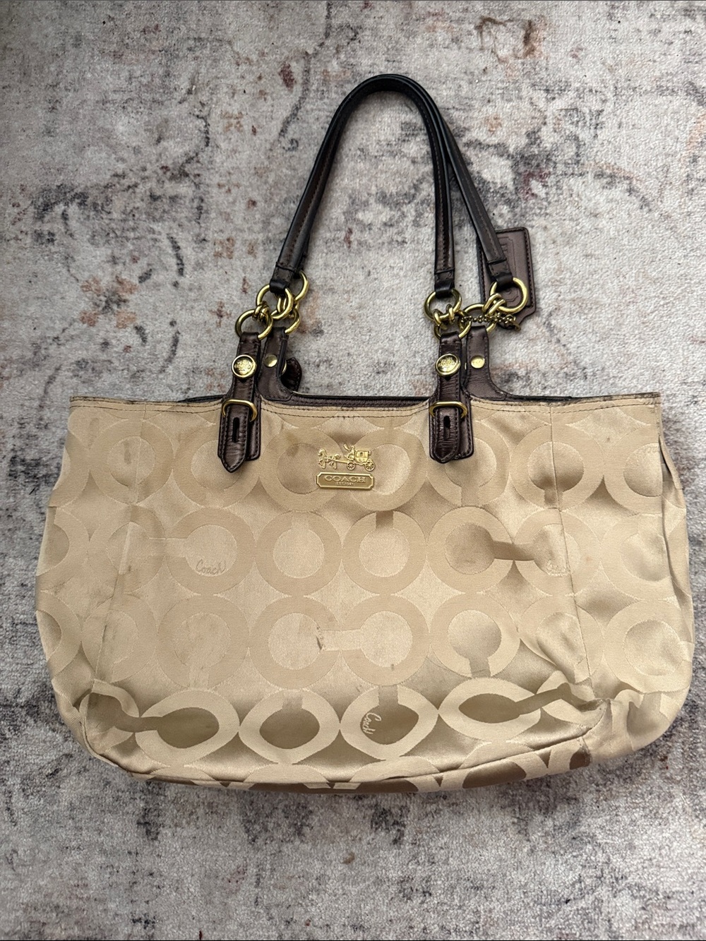 Coach Beige Signature Shoulder Tote with Dark Brown Leather Handles